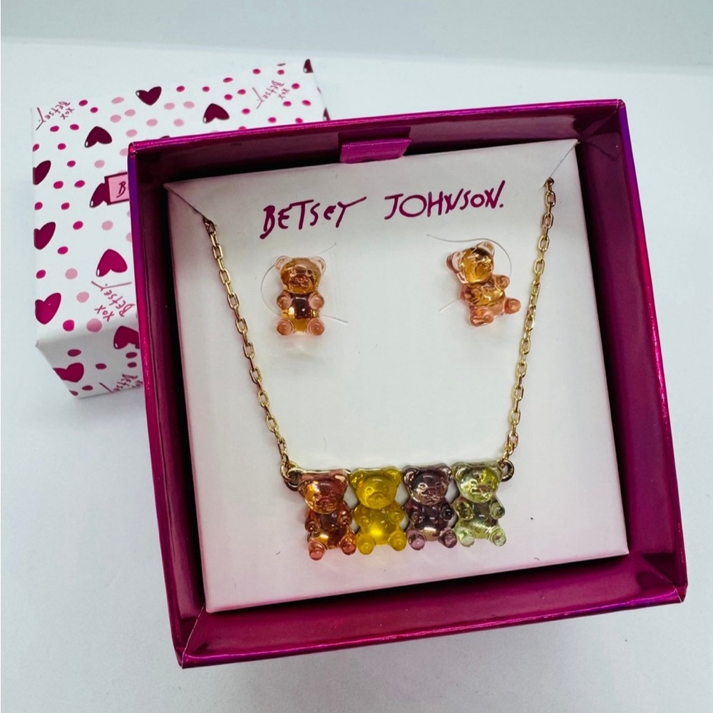 Betsey Johnson Multicolor Gummy Bear Pendant Necklace & Stud Earrings Set